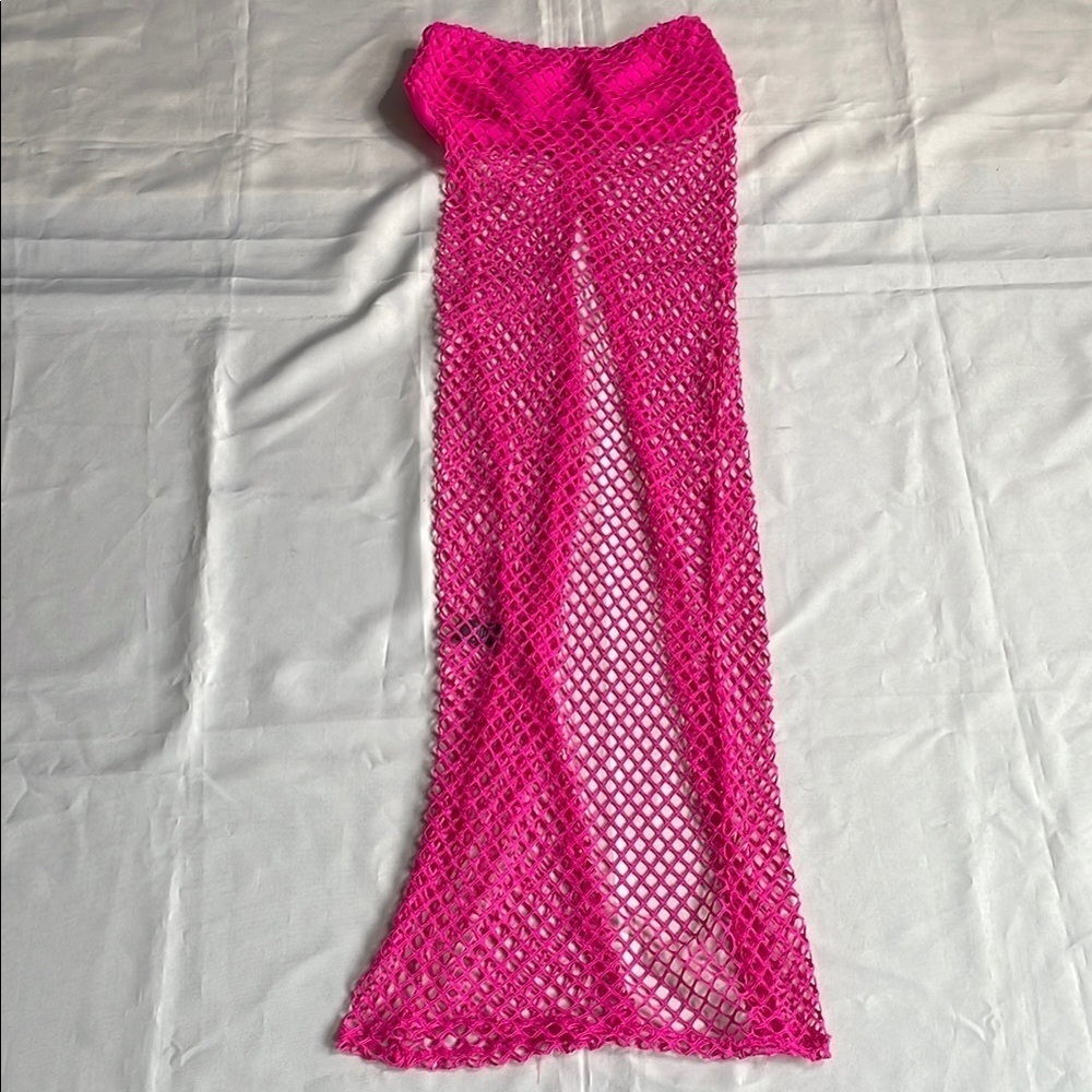 Vibrant Pink Mesh Open Front Swim Cover-Up Dress - Picture 9 of 9